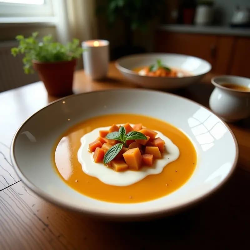 Cuenco de cerámica blanca con Kersek Shorbasi, sopa fría turca de color rosa pálido, decorada con almendras tostadas, trozos de cereza ácida y hojas de menta fresca, con un hilo de aceite de oliva virgen extra y hielo picado al fondo.