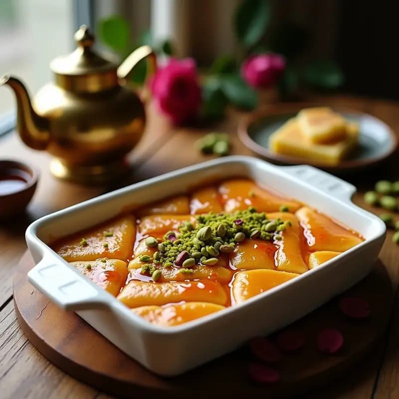 Postre turco Keyser Söze en fuente rectangular con capas visibles de sémola dorada, queso blanco y pistachos verdes, bañado en sirope de rosa brillante. Servido en porciones cuadradas sobre plato de cerámica blanca con pétalos de rosa como decoración.