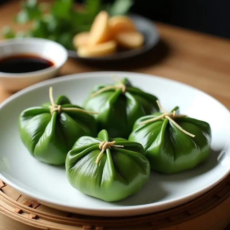 Plato de porcelana blanca con cuatro Kgunakan de cerdo al vapor envueltos en hojas de loto verdes, servidos sobre una base de bambú. Al fondo, salsa de soja oscura y trozos de jengibre fresco. Receta tradicional china en Thermomix.
