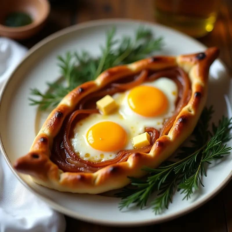 Khachapuri georgiano recién horneado en forma de barca, con masa dorada y esponjosa, relleno de queso Imeretiano fundido y un huevo campero con yema líquida en el centro, espolvoreado con cebollino fresco y pimienta negra.