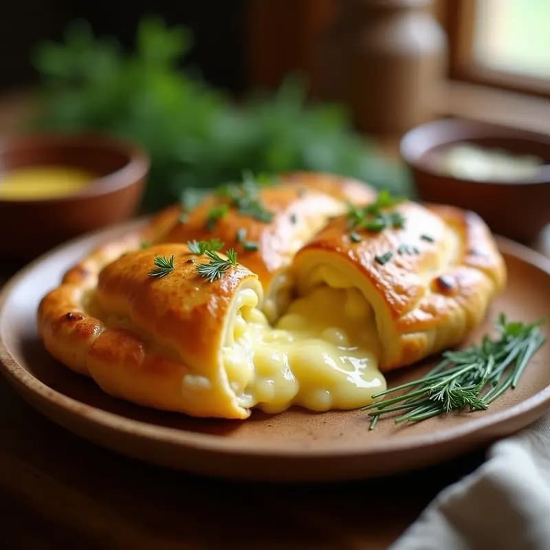 Khachapuri georgiano T vartanashvili con queso imeretiano fundido en forma de barco, dorado por fuera y esponjoso por dentro, servido en plato rústico con hierbas frescas espolvoreadas.