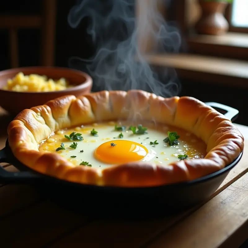 Khachapuri Georgiano de Queso Imeruli y Huevo en sartén de hierro fundido, con masa dorada, queso fundido burbujeante y huevo campero con yema líquida, espolvoreado con perejil fresco y mantequilla derretida.