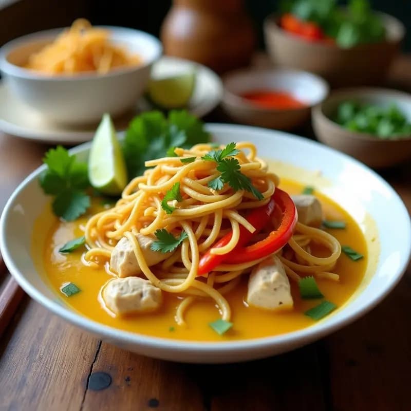 Cuenco hondo de cerámica blanca con Khao Soi de pollo, sopa cremosa amarilla con trozos de pollo, pimiento rojo y fideos de arroz fritos crujientes encima. Decorado con cilantro fresco, cebollino y gajos de limón. Plato tailandés auténtico y colorido.
