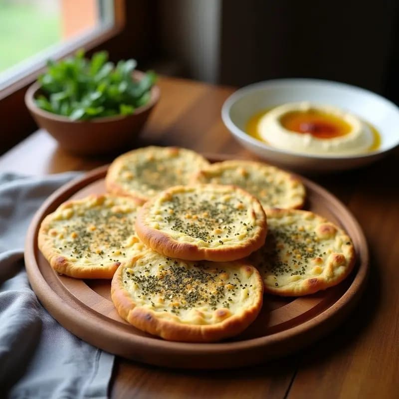 Pan árabe khibz dorado y esponjoso espolvoreado con zaatar y semillas de sésamo, servido en una bandeja de madera con aceite de oliva al lado, receta libanesa sin gluten.