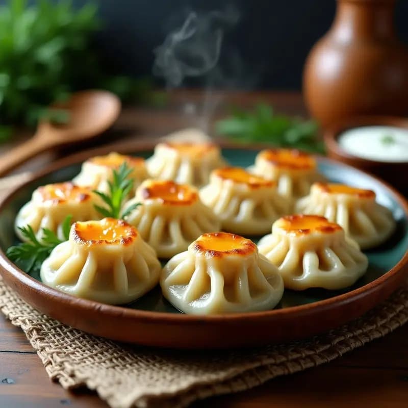 Plato de madera rústico con P თelmeni georgiano al vapor, empanadillas redondas y esponjosas rellenas de queso Sulguni fundido, acompañadas de yogur con ajo y eneldo fresco, sobre fondo de tela tradicional georgiana.