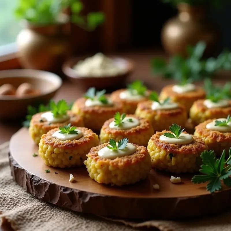 Plato de kibbeh libanés vegano dorado con calabacín y lentejas, decorado con tahini y almendras fileteadas, sobre fondo rústico de madera.