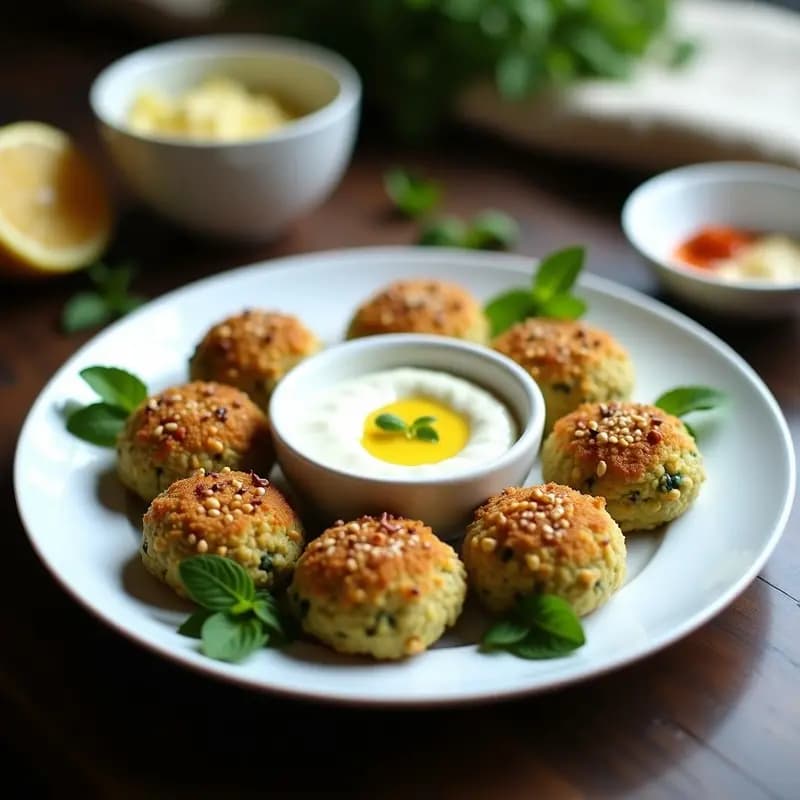Plato blanco con 6 unidades de kibbeh de calabacín y nueces, forma de croqueta alargada, dorados por fuera y verdes por dentro, acompañados de un bol pequeño con dip cremoso de yogur de soja verde por la menta, espolvoreado con semillas de sésamo. Estilo crudivegano, luz natural y fondo rústico.