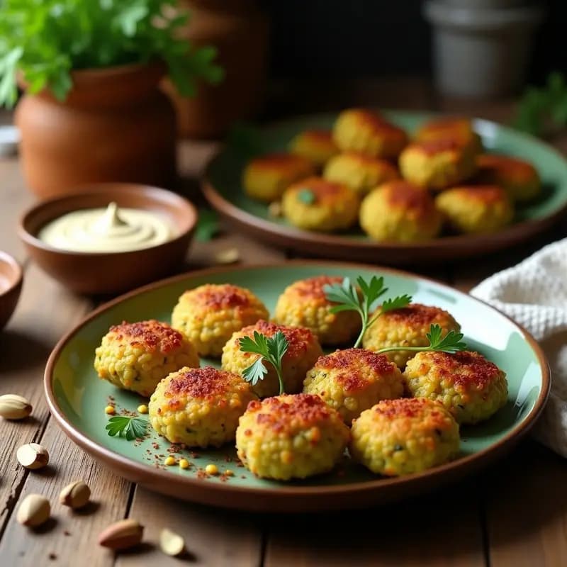 Bandeja de horno con Kibbeh de Calabacín y Pistachos veganas, croquetas libanesas doradas y crujientes con especias sumaq, decoradas con pistachos picados y perejil fresco.