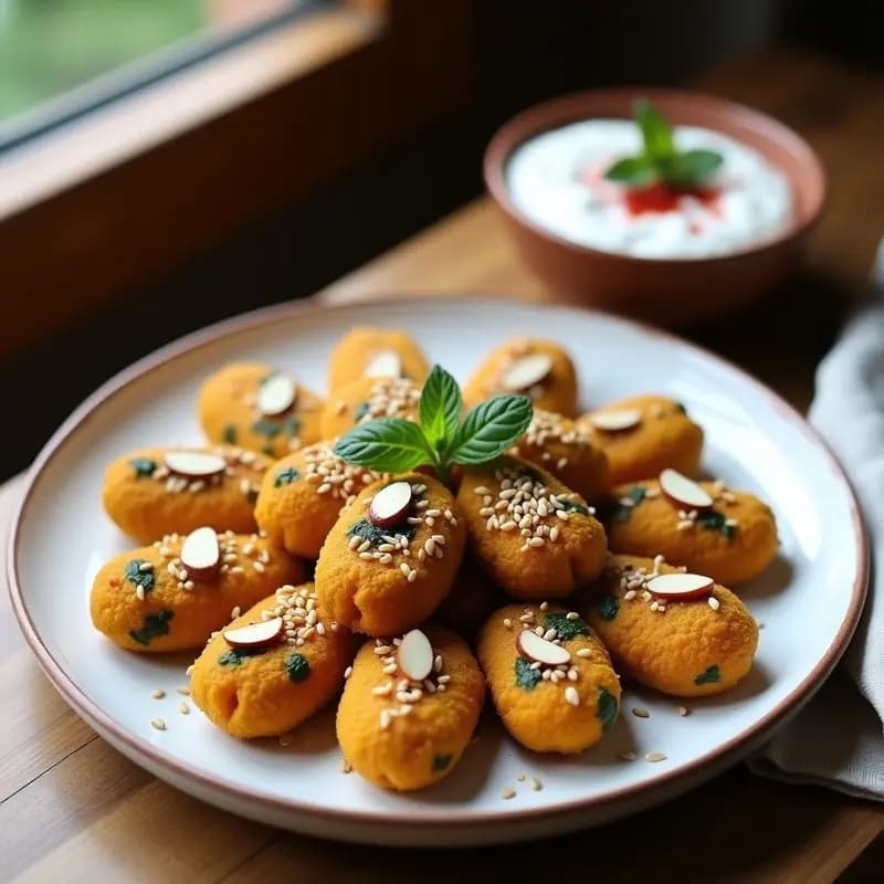 Croquetas doradas de kibbeh vegano con calabaza y espinacas, espolvoreadas con semillas de sésamo y sumac, servidas en un plato blanco con salsa de yogur y hierbas frescas.