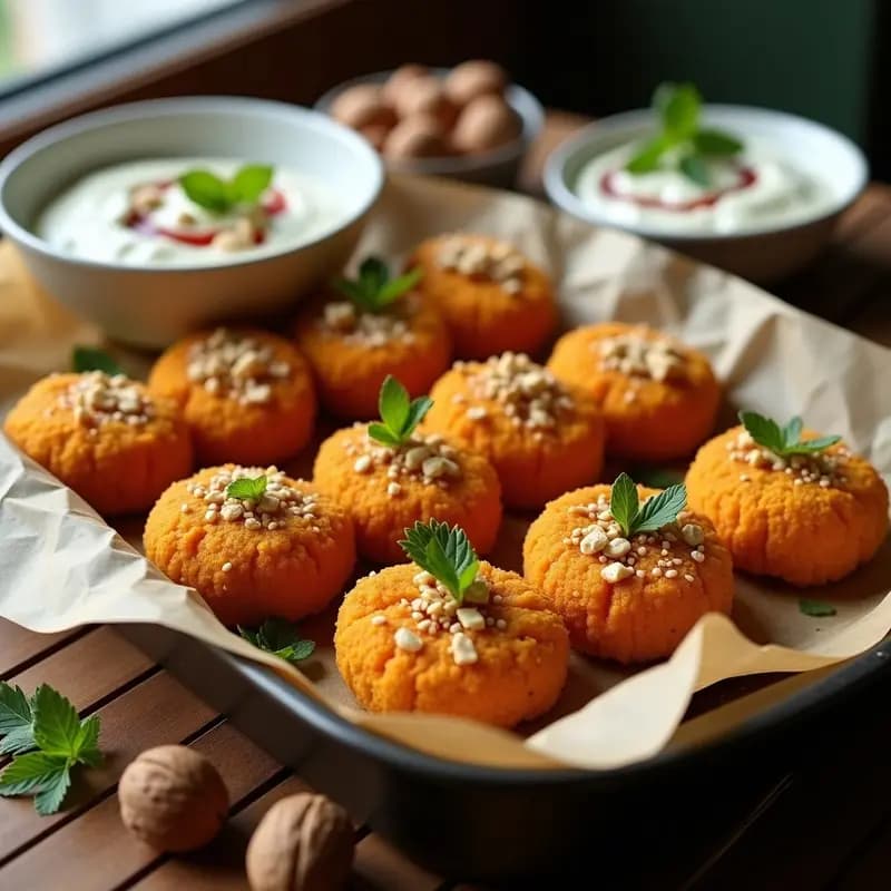 Bandeja de kibbeh de calabaza y nueces horneadas, doradas y crujientes, con semillas de sésamo y trocitos de nuez por encima. Plato de madera rústico con hierbas frescas y salsa de yogur al lado, receta libanesa vegana.