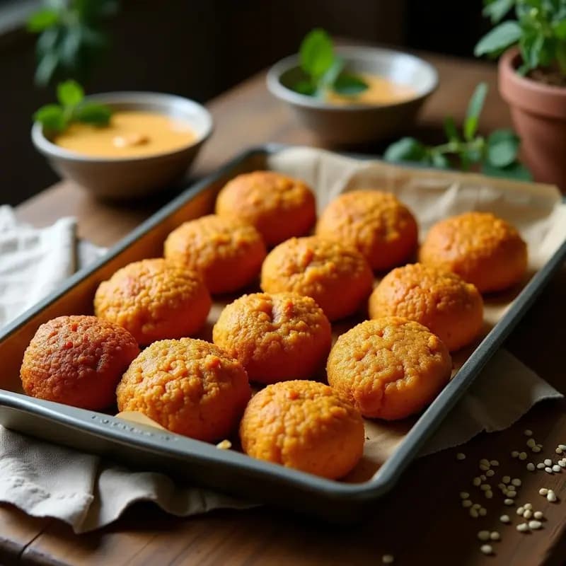 Bandeja de kibbeh de calabaza y nueces sin carne al horno, doradas y crujientes, con semillas de sésamo espolvoreadas, servidas sobre papel de horno rústico.