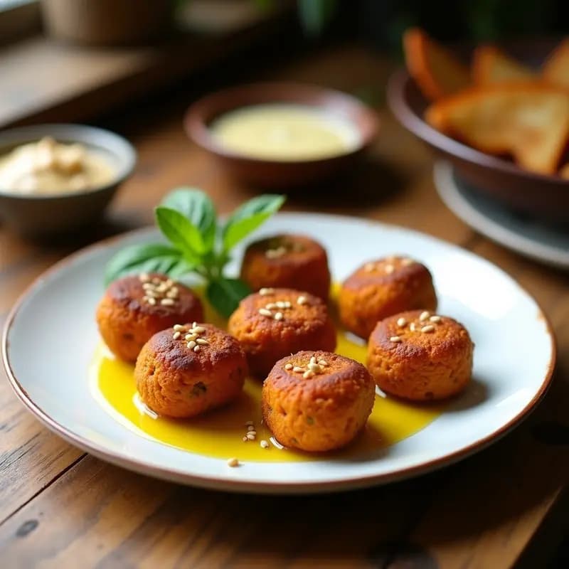 Plato de kibbeh de calabaza vegano: croquetas doradas y crujientes con forma de balón de rugby, especias visibles, bañadas en aceite de oliva y decoradas con semillas de sésamo tostadas sobre fondo de madera rústica.