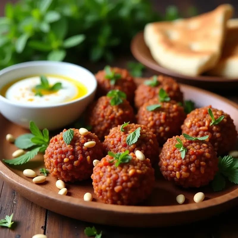 Plato de madera rústica con Kibbeh de carne cruda y bulgur en forma de croquetas alargadas, decoradas con piñones tostados y perejil fresco. Acompañado de un bol pequeño con salsa de yogur cremosa y un hilo de aceite de oliva. Fondo con hojas de menta y pan de pita.