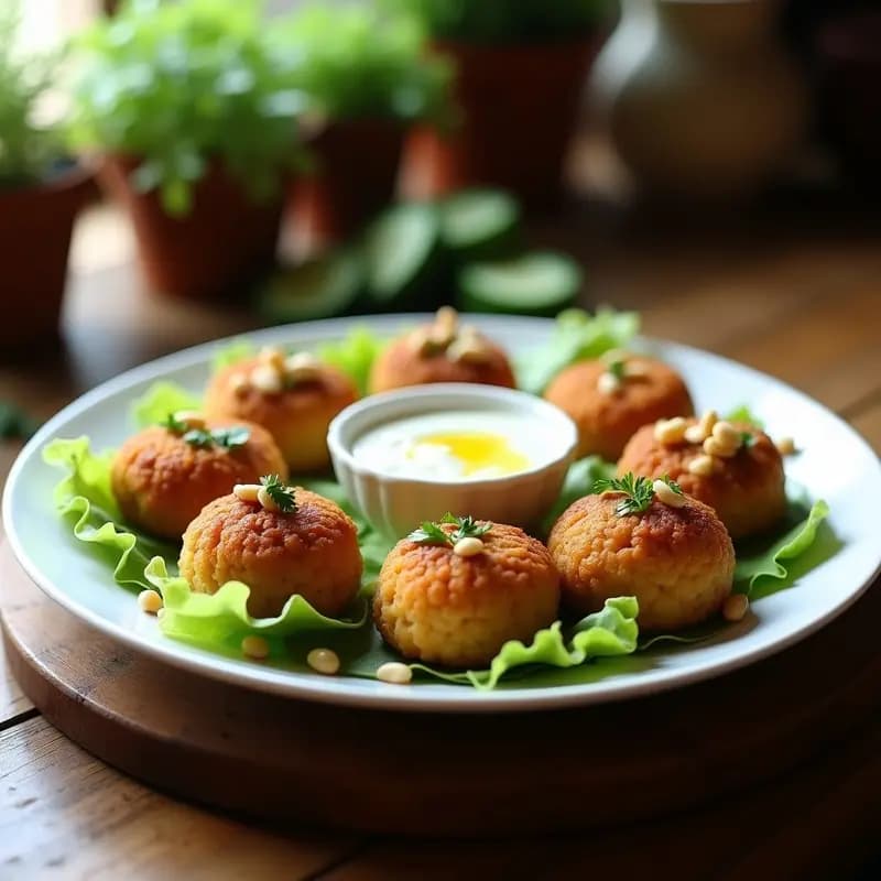 Plato de cerámica blanca con kibbeh de cordero y bulghur doradas y crujientes, dispuestas en círculo sobre un lecho de yogur de ajo cremoso. Decoradas con menta fresca y almendras fileteadas, con un fondo de especias y limón.