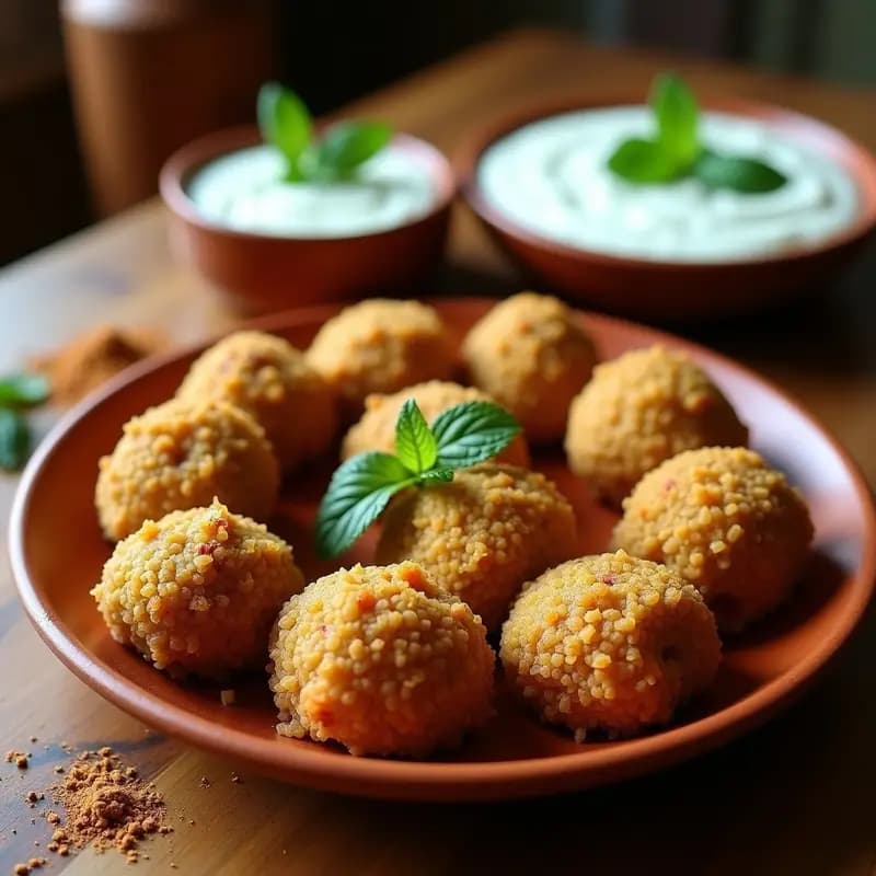 Plato tradicional sirio con kibbeh de cordero y bulghur dorados al horno, servidos sobre una bandeja de barro con yogur de pepino cremoso decorado con menta fresca. Receta alta en proteína y preparada en Thermomix.