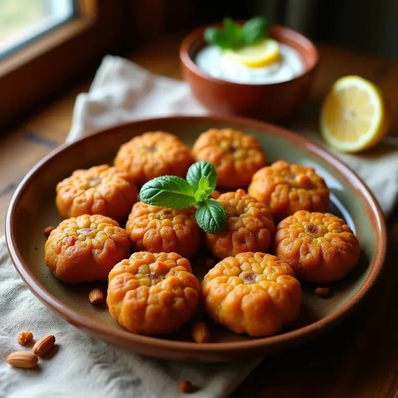 Plato de madera rústico con Kibbeh de cordero y bulgur dorados y crujientes, cortados por la mitad para mostrar el relleno especiado de cordero y piñones, decorados con hierbas frescas y una pizca de pimentón.