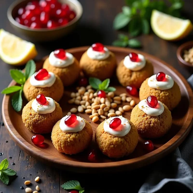 Plato de cerámica blanca con Kibbeh de Cordero y Bulgur dorados y crujientes, rellenos de especias, servidos con salsa de yogur griego cremoso y semillas de granada rojas vibrantes, decorados con hojas de menta fresca. Receta de aperitivo sirio gourmet.