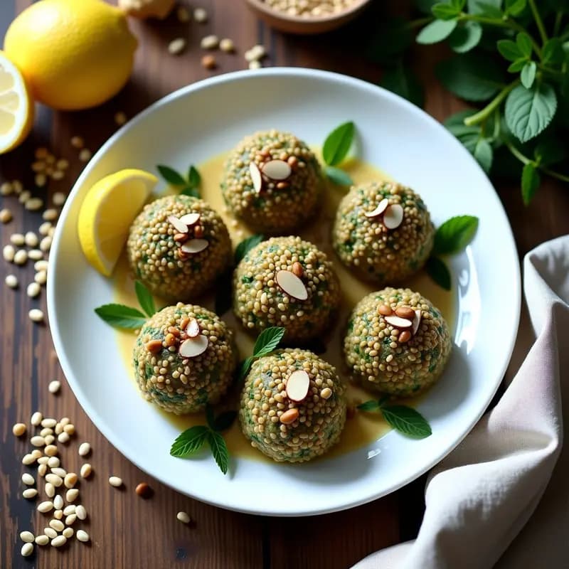 Plato blanco con 6 unidades de Kibbeh Libanés de Espinacas y Ceada, decorados con semillas de sésamo tostadas y granada, sobre un fondo de hojas de menta fresca. Receta crudivegana en crudo.