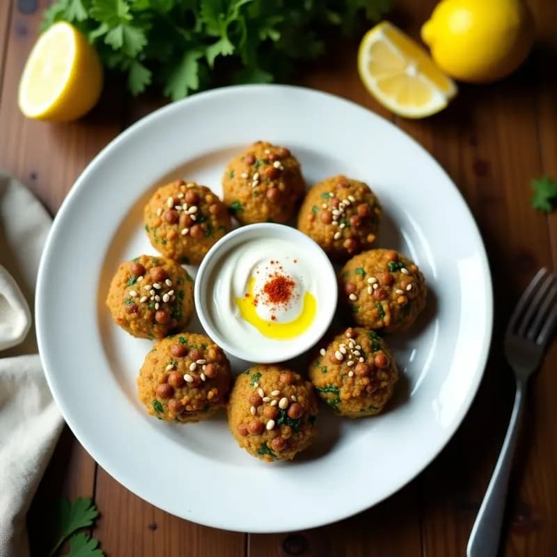 Plato blanco con kibbeh de garbanzo y espinacas crudiveganos, ovalados y dorados, decorados con semillas de sésamo y acompañados de salsa de yogur de anacardos cremosa. fondo rústico de madera con hierbas frescas.