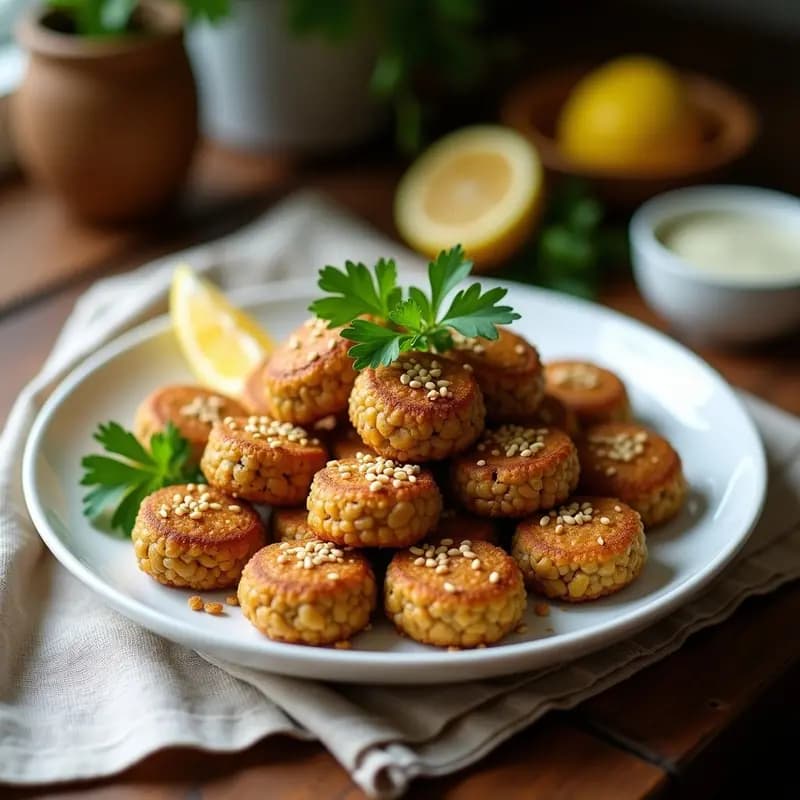 Plato de kibbeh libanés vegano, dorado y crujiente, relleno de lentejas y cebolla caramelizada con granada, servido en fuente de barro con perejil fresco.