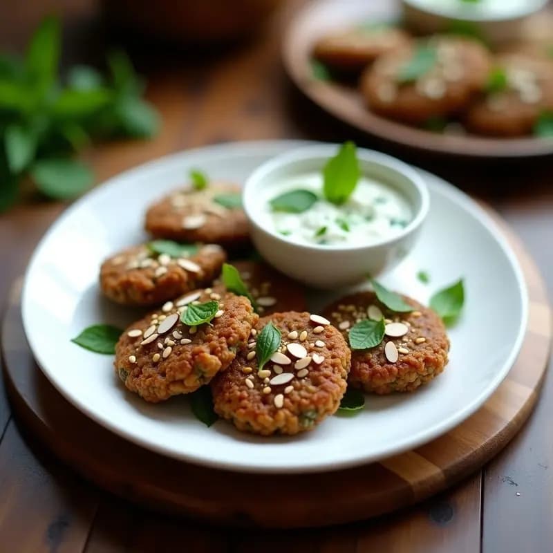 Plato de Kibbeh de lentejas y cebolla con yogur y menta, crujiente y dorado, servido con salsa cremosa y semillas de sésamo, receta libanesa vegana y sin gluten.