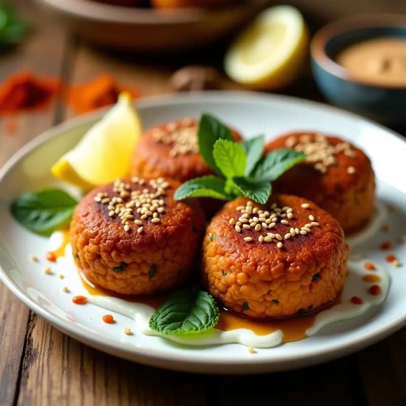 Plato blanco con kibbeh de lentejas rojas doradas y crujientes, dispuestas en círculo sobre hojas de perejil fresco, acompañadas de un bol pequeño con salsa de yogur y menta, y semillas de sésamo espolvoreadas.
