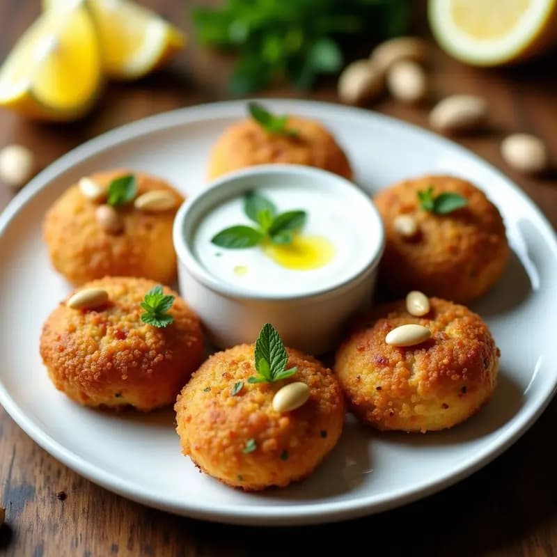 Plato de cerámica blanca con croquetas doradas de Kibbeh libanés de carne y bulghur, decoradas con piñones tostados, acompañadas de salsa de yogur y menta en un bol pequeño, con hojas de menta fresca y limón en rodajas.