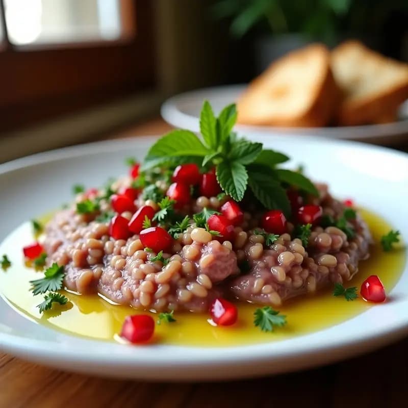 Plato de cerámica blanca con Kibbeh Naye Libya, tartar de cordero crudo con trigo burgol, decorado con semillas de granada, almendras tostadas y hojas de menta, servido con pan de pita y aceite de oliva virgen extra.