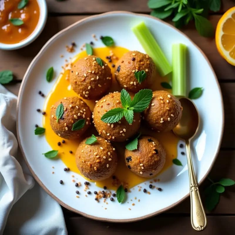 Plato libanés crudivegano Kibbeh Nayye de Falafel con forma alargada, textura rugosa y color dorado claro, acompañado de salsa de granadilla vibrante en tono naranja-rojizo con semillas visibles. Presentado sobre hoja de lechuga fresca y decorado con menta.