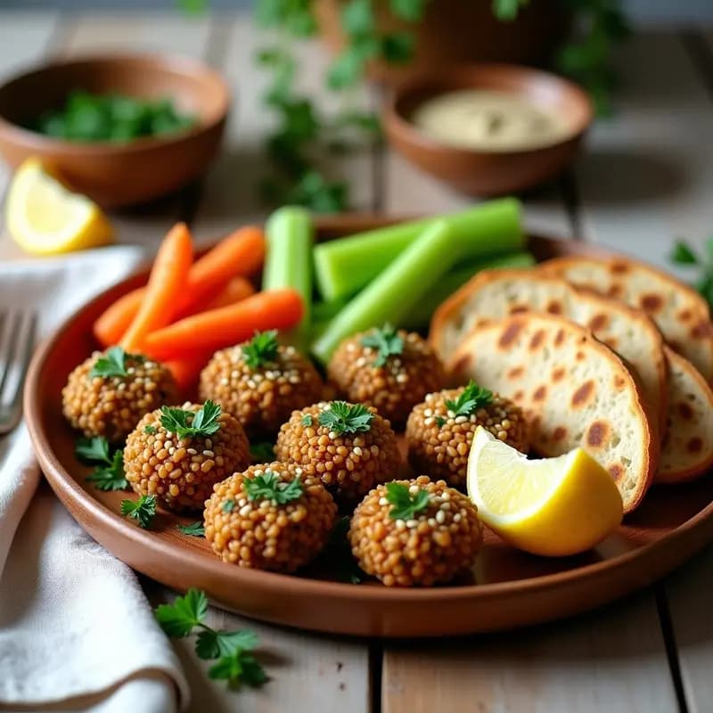 Plato de madera rústico con porciones de Kibbeh Nayye de lentejas y trigo bulgur, decorado con semillas de sésamo, perejil fresco y rodajas de limón. Acompañado de pan de pita y crudités de apio y zanahoria. Receta libanesa vegana y crudivegana.