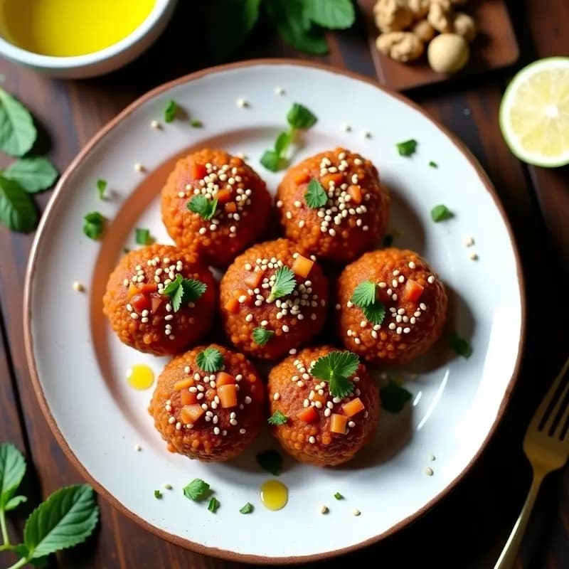Plato blanco con Kibbeh Nayye de Lentejas vegano, discos aplanados de color marrón oscuro con semillas de sésamo y aceite de oliva, decorado con hojas de menta fresca y rodajas de limón, sobre fondo rústico de madera.