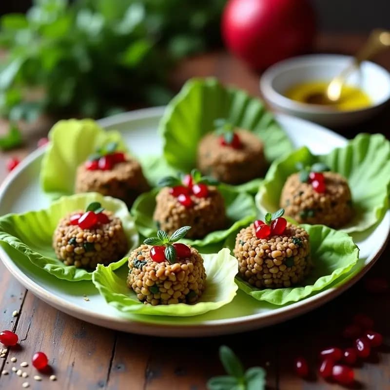 Plato tradicional libanés de Kibbeh Nayye vegano con lentejas pardinas y bulgur, servido en bol de barro con hojas de lechuga romana, nueces picadas y perejil fresco. Textura terrosa y especiada, alto en hierro, receta cruda y sin cocción.