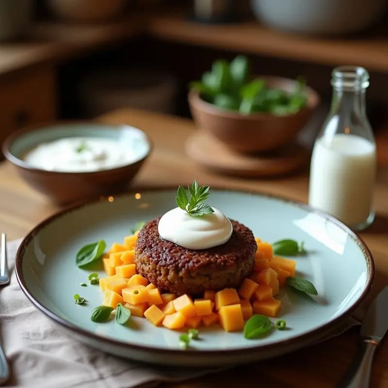 Plato de piedra caliza con Kibbeh Nayye de Quercus moldeado en forma de copa, relleno de yogur de oveja cremoso espolvoreado con menta fresca y piñones tostados. Acompañado de aceite de oliva virgen extra y pimienta de Alepo, sobre un mantel de lino crudo con bellotas de Quercus al fondo.
