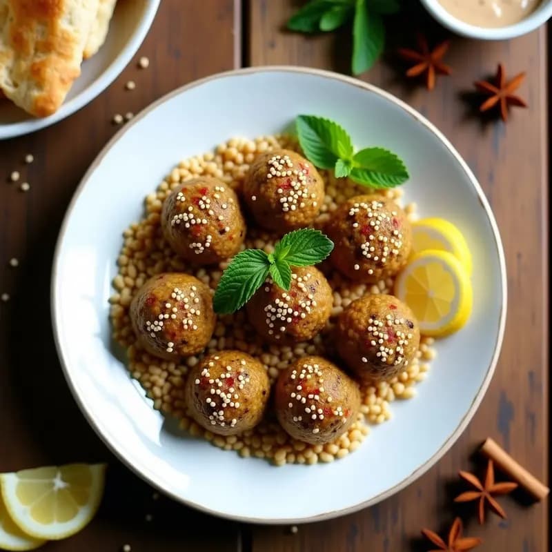 Plato de cerámica blanca con Kibbeh Nayyeh Vegana de lentejas y bulgur, bolitas cubiertas de sésamo tostado, acompañadas de hojas de menta, rodajas de limón y pan de pita. Receta libanesa sin carne cruda.