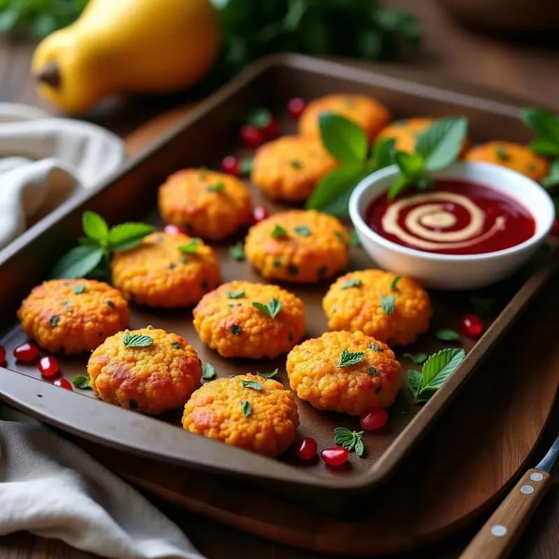 Plato de cerámica blanca con Kibbeh de Quinoa y Calabaza doradas al horno, acompañadas de salsa de granado de color rojo intenso y decoradas con menta fresca y semillas de sésamo. Receta libanesa sin gluten.
