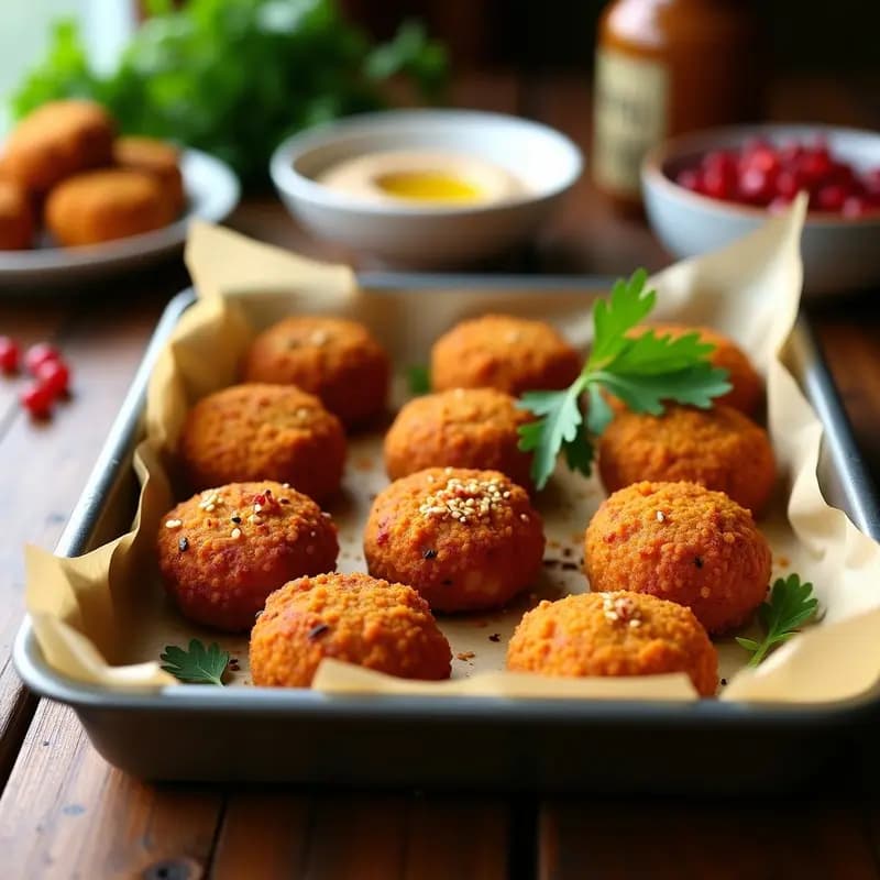 Bandeja de croquetas de Kibbeh vegano de quinoa y calabaza al horno, doradas y crujientes, con semillas de sésamo en la superficie, servidas sobre papel de horno con un fondo rústico y hierbas frescas.