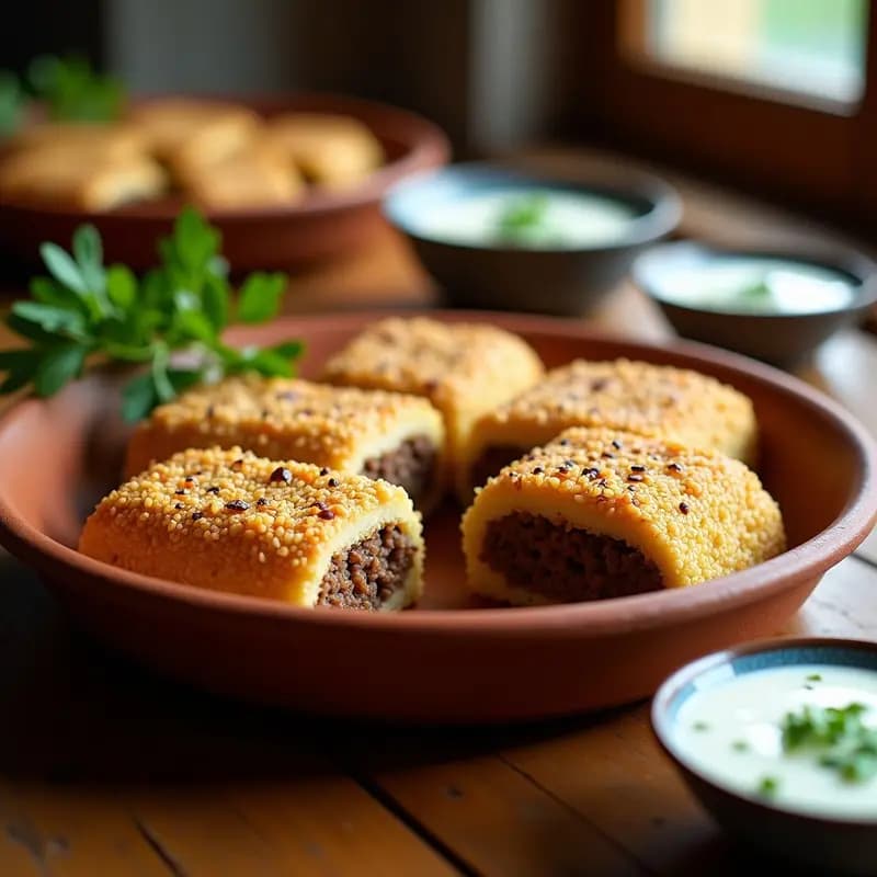 Kibbeh libanés al horno con capa dorada de quinoa y relleno de cordero especiado, decorado con sésamo tostado y piñones, servido en molde de barro rústico.