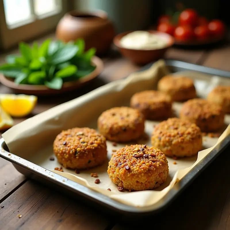 Bandeja de horno con Kibbeh de Quinoa y Cordero dorados, espolvoreados con sésamo tostado, servidos sobre papel de horno con hojas de menta fresca y rodajas de limón al lado. Receta libanesa sin trigo con especias de Oriente Medio.