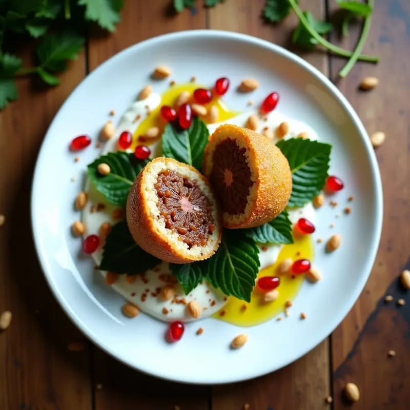 Plato blanco con Kibbeh de quinoa y cordero dorados, servidos con salsa de yogur cremoso, semillas de granado rojas y hojas de menta fresca, receta libanesa moderna sin gluten.