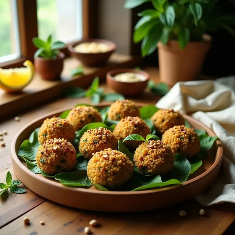 Kibbeh vegano de quinoa y espinacas al horno, doradas y crujientes por fuera, con semillas de sésamo tostadas. Servidas en plato de cerámica blanca con hierbas frescas y rodajas de limón, sobre fondo rústico de madera.