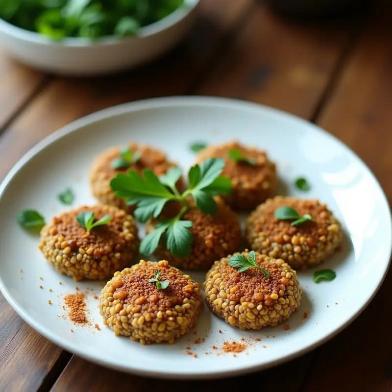 Plato de madera rústico con Kibbeh de Quinoa y Lentejas crudivegano, forma cilíndrica y crujiente de semillas doradas, decorado con perejil fresco y salsa de yogur de soja, fondo de especias y limón.