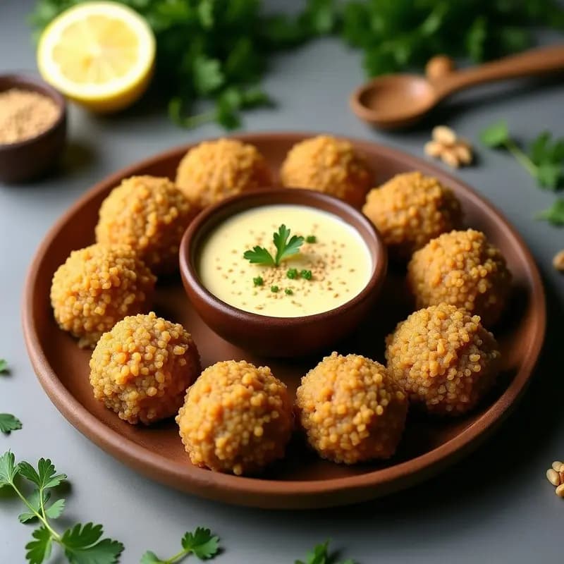 Kibbeh de Quinoa y Nueces crudivegano en bandeja de madera, con forma alargada y superficie ligeramente rugosa, acompañados de salsa de limón cremosa en cuenco pequeño. Decoración con hojas de perejil fresco y semillas de sésamo.