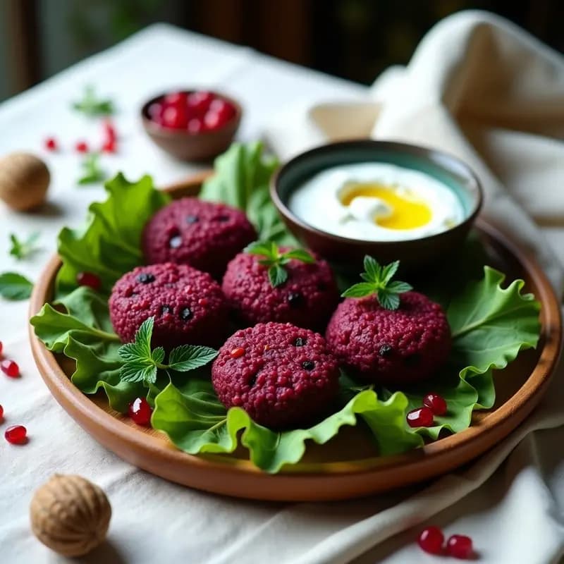 Plato de madera con kibbeh de remolacha y nueces crudivegano, forma ovalada, color morado intenso con vetas de nueces, sobre hojas de lechuga y acompañado de hierbas frescas y dip de yogur.