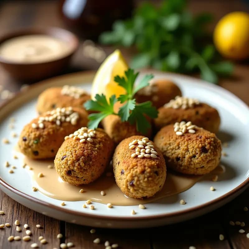 Plato de kibbeh libanés vegano de quinoa y setas doradas al horno, con semillas de sésamo tostadas, servido en fuente de cerámica blanca con hierbas frescas y dip de tahini.