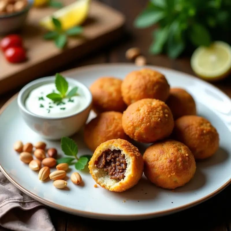 Plato de porcelana blanca con kibeh de carne y trigo burgol doradas y crujientes, rellenas de piñones, servidas sobre hojas de menta fresca y acompañadas de salsa de yogur. Receta de albóndigas árabes en airfryer.
