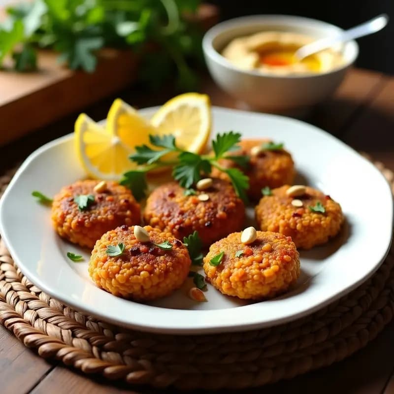 Plato blanco con kibehs dorados y crujientes de lentejas y piñones, decorados con perejil fresco y piñones tostados, servidos con rodajas de limón y hummus al lado. Receta árabe vegana y crujiente en sartén.