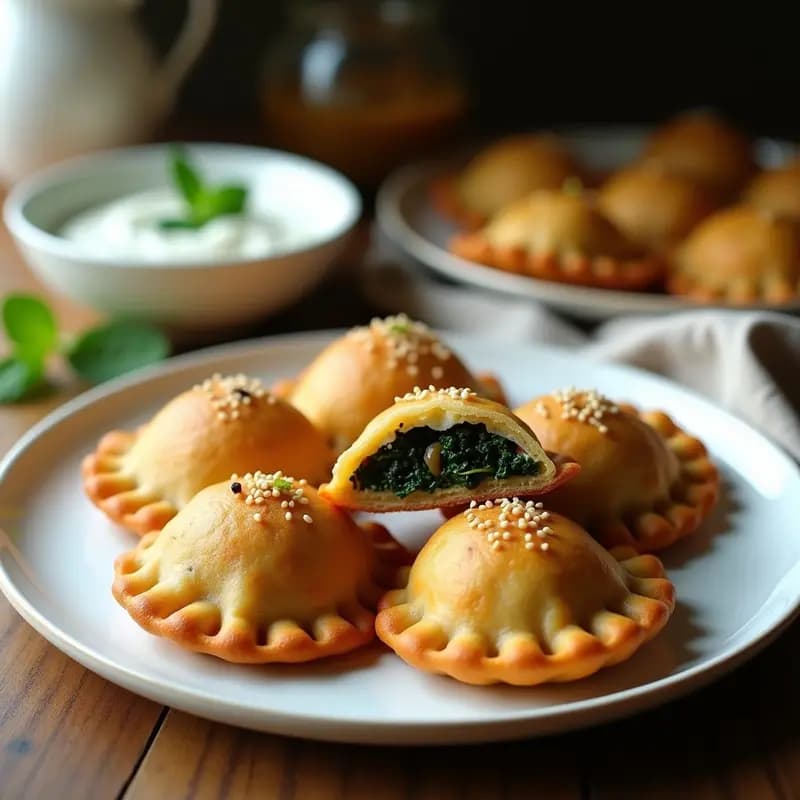 Plato de cerámica blanca con 6 empanadas libanesas veganas de quinoa y espinacas doradas al horno, dispuestas en círculo. Acompañadas de un bol pequeño con salsa de yogur de soja y mentas frescas, decoradas con hojas de menta y rodajas de limón. Fondo rústico con textura de madera.