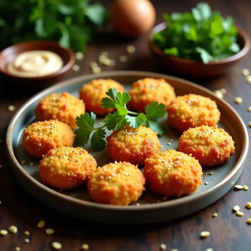 Croquetas doradas y crujientes de Kibel de Garbanzos y Cebolla, servidas en un plato de barro con semillas de sésamo visibles, acompañadas de hojas de cilantro fresco y una salsa cremosa. Receta vegana magrebí con comino y cilantro.