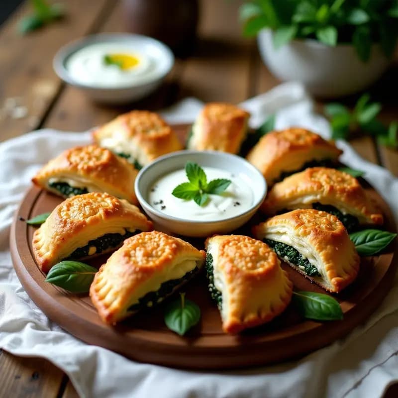 Kibelis de espinacas y queso feta en airfryer sin aceite: empanadillas griegas doradas y crujientes con bordes bien sellados, rellenas de espinacas y queso feta, servidas en un plato de cerámica blanca con hierbas frescas.