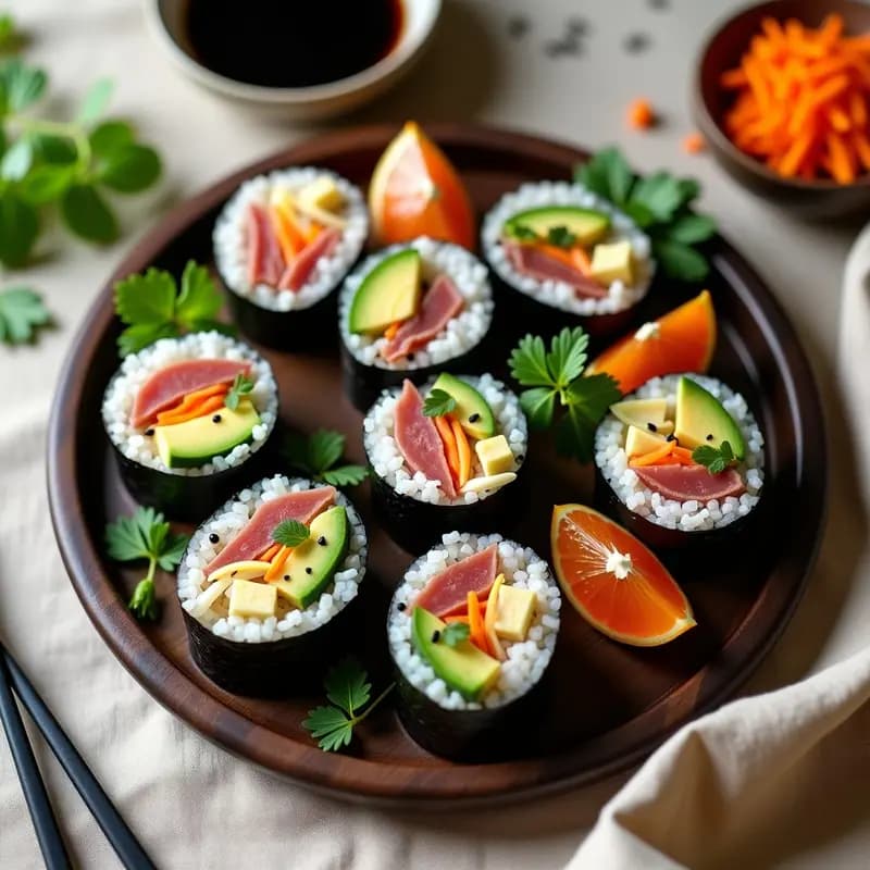 Rollitos de kimbap coreano fríos cortados por la mitad, mostrando el relleno de aguacate verde cremoso, atún desmenuzado, pepino crujiente, zanahoria naranja y huevo de codorniz sobre arroz blanco aromatizado, espolvoreados con semillas de sésamo negro y blanco, servidos en un plato de cerámica tradicional coreana.